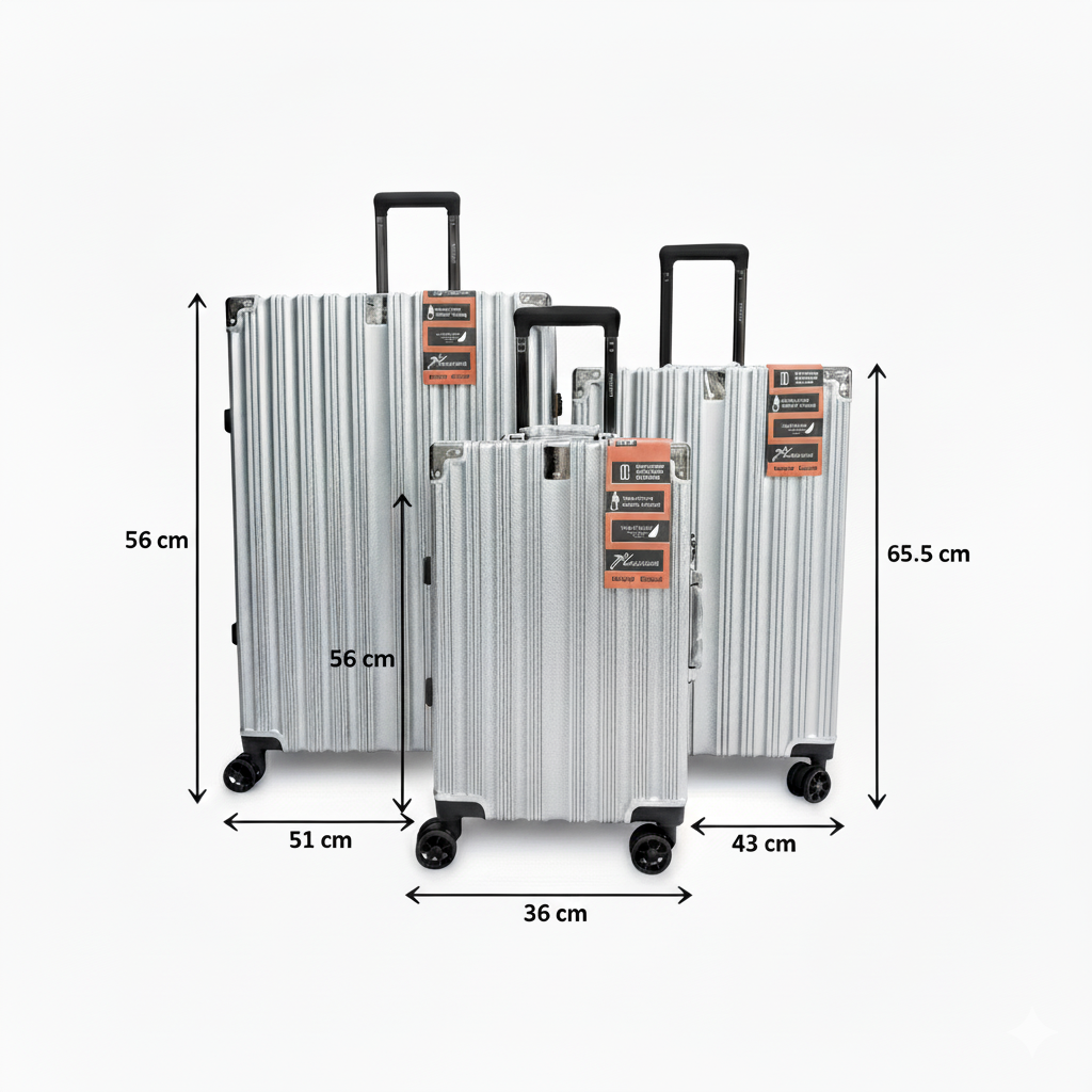 Three silver suitcases with measurement labels on a white background