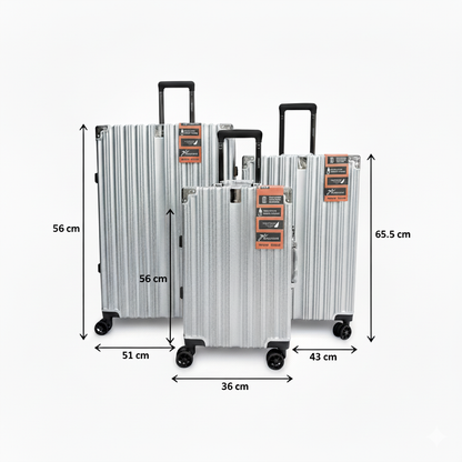 Three silver suitcases with measurement labels on a white background